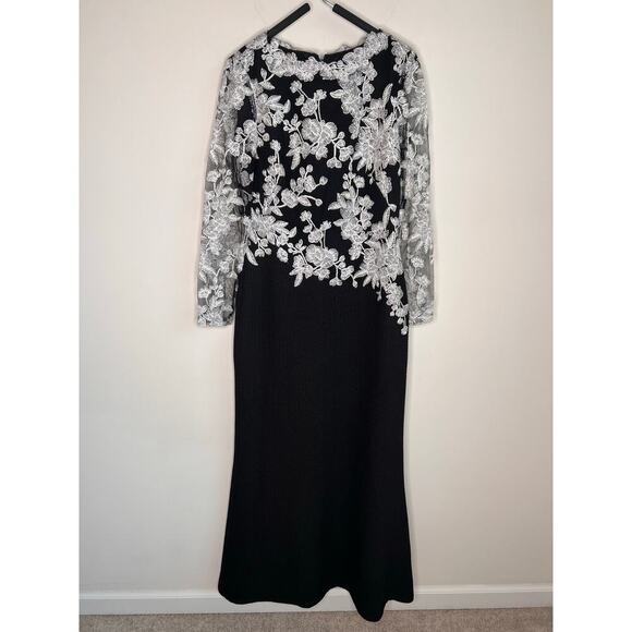 Tadashi Shoji Ishi Embroidered Tulle Evening Gown Black/White Women's Size 6 - Picture 3 of 12